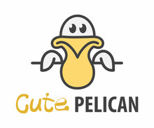 Logo Template With Cute Curious Pelican. Vector Logo Design Pelecanus Template For Zoo, Veterinary Clinics, Etc. Cartoon Bird Logo Illustration.