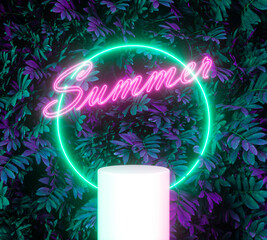 Leinwandbilder - Summer podium backdrop with Tropical leaves and neon light. 3d rendering.