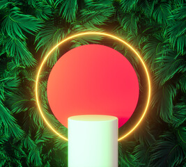 Leinwandbilder - Summer podium backdrop with Tropical leaves and neon light. 3d rendering.