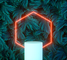 Leinwandbilder - Summer podium backdrop with Tropical leaves and neon light. 3d rendering.