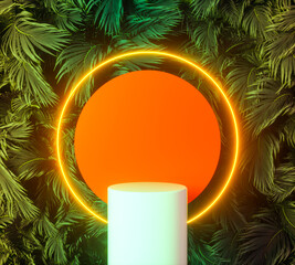 Leinwandbilder - Summer podium backdrop with Tropical leaves and neon light. 3d rendering.