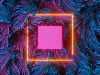 Leinwandbilder - Summer podium backdrop with Tropical leaves and neon light. 3d rendering.