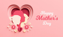 Happy Mother's Day Flyer Template With Mom And Children Silhouettes Inside A Heart And Flowers Background. Celebration Banner In Paper Cut, Greeting Card With Text And Copy Space In 3D Illustration