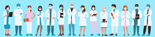 Medic Workers Standing Together In Row Vector Illustration. Cartoon Brave Paramedic Team, Doctors And Nurses Wearing Hospital Uniform And Medical Face Masks Background. Frontline, Medicine Concept