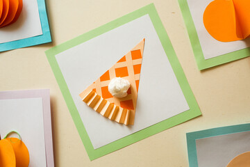 Wall Mural - paper craft for kids. DIY card with american pumpkin pie for thanksgiving day. create art for children.