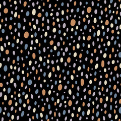 Wall Mural - Hand drawn seamless pattern. Polka dot background. Brown and grey dots on black background. Trendy texture for print, textile. fabric, packaging.