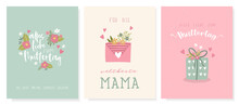 Lovely Hand Drawn Mother's Day Designs, Cute Flowers And Handwriting In German Saying "Best Mom In The World" "Happy Mother's Day" And Other Sayings, Great For Cards, Invitations, Gifts, Banners - Vec
