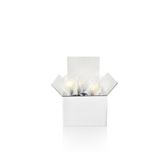Ideas inspiration with group of lightbulb in box on white background .Business creativity. motivation to success