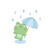 A cute little frog jumping through the puddles with a blue umbrella in the rain.