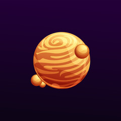 Poster - Striped galaxy planet with satellites. Cartoon space object with striated brown surface. Vector cosmic object in far universe. Ui game globe, isolated fantastic sphere, fantasy world in deep space