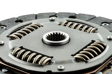 Used car clutch with damper springs and friction linings, isolated on a white background.