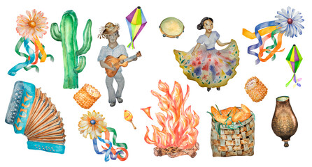 Brasilian June festival set watercolor illustration isolated