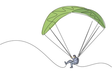 Poster - one continuous line drawing of young bravery man flying in the sky using paragliding parachute. outd
