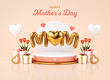 © AdriaVidal - Mother's day pedestal platform with gold letters and heart for postcard or flyer background template. Modern poster with festive decoration scene for celebrate mom love in 3D illustration
