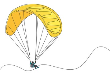 Poster - one single line drawing of young sporty man flying with paragliding parachute on the sky vector illu