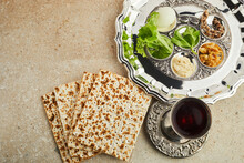 Passover Seder Plate With Traditional Food Ontravertine Stone Background