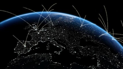 Wall Mural - Digital net over the surface of the night Earth planet. Stylization of Tech Earth Globalization. Luminous points of cities and countries on the planet connect into a single network. Modern Business