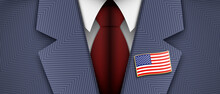 American Politician Dressed In A Blue Color Official Suit, White Shirt, Red Tie, And USA Flag Lapel Pin, Vector Illustration.