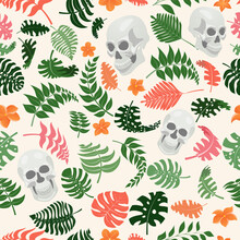 Seamless Pattern With Exotic Jungle Plants And Human Skulls. Tropical Palm Leaves And Flowers. Illustration For Mexican Holiday Day Of The Dead, Dia De Los Muertos, Multicolored On White Background