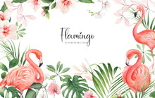 Watercolor Tropical Illustration With Pink Flamingos And Palm Leaves. Hand Painted Birds, Exotic Flowers And Greenery Isolated On White Background. Jungle Florals For Design, Print, Invitations, Cards