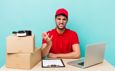 Wall Mural - hispanic handsome man looking angry, annoyed and frustrated. packer employee concept