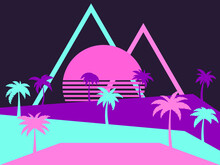 Retro Sci-fi 80s Palms At Retro Sunset. Futuristic Sun With Palm Trees. A Virtual Reality. Synthwave And Retrowave Style. Background For Printing, Advertising Material And Banners. Vector Illustration