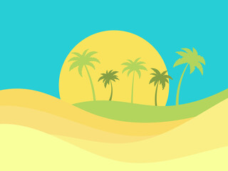 Wall Mural - palm trees on the background of the desert. summer time. tropical landscape in flat style. wavy dese