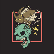 Retro Illustration Of Flying Beetle Carrying A Skull