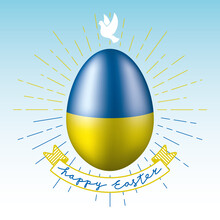 Happy Easter Peaceful Concept With Colored Easter Egg Dove Peace Symbol Over It Sunburst And Hand Drawn Logo Lettering On Ribbon - National Colors Of Ukraine On Blue Background - Mixed Graphic Design