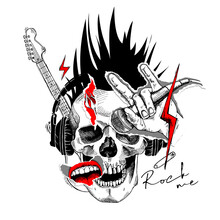 Collage In A Rock Culture Style. Human Skull In Headphones With A Red Rose Bud, Lips, Lightning, Pin, Guitar, Hand With Microphone. Vector Illustration.