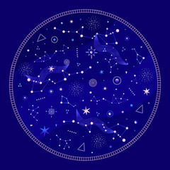 Wall Mural - Space round composition with planets, constellation, stars. Vector illustration on theme of astrology, astronomy. Galaxy. Cosmic design. Celestial bodies. Cover, card, print on clothes, poster