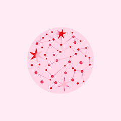 Wall Mural - Space round composition with stars in pink, red colors. Vector illustration on theme of astrology, astronomy, esotericism. Cosmic art. Celestial bodies. Cover, card, print on clothes, poster