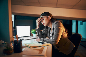 Poster - how can i finish with this headache. shot of a young businesswoman experiencing a headache in the of