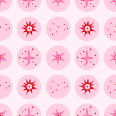 Wall Mural - Space abstract seamless pattern with red constellations, stars, comets. Vector illustration on theme of astrology, astronomy. Cosmic pink background. Wallpaper, wrapping paper, textile