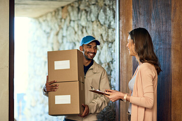 Poster - Ill definitely be making use of your courier service again. Cropped shot of a courier making a delivery to a customer at her home.