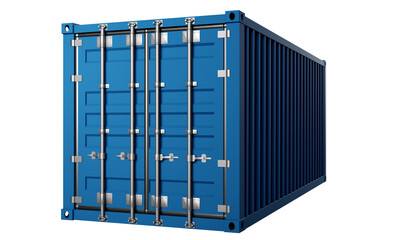 Cargo shipping container. Blue cargo container is closed. Shipping container visualization. Metal box for transportation by sea. Metal case on white background. Freight transportation. 3d rendering.