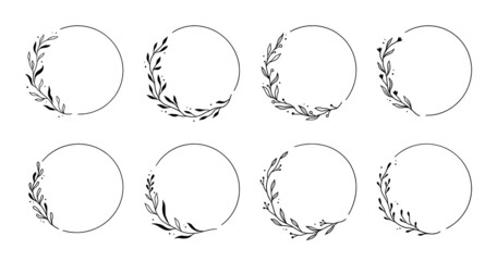 Aufkleber - Wreath leaf circle border frame. Hand drawn doodle sketch style. Floral circle frame, flourish design element for wedding, greeting card. Vector illustration.