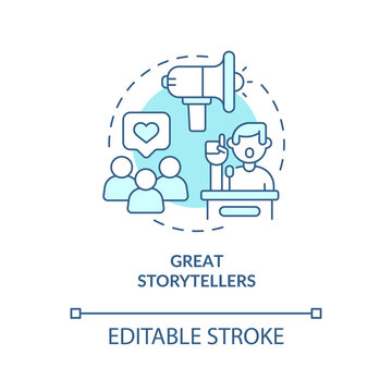 Great storytellers turquoise concept icon. Charismatic people characteristic abstract idea thin line illustration. Isolated outline drawing. Editable stroke. Arial, Myriad Pro-Bold fonts used