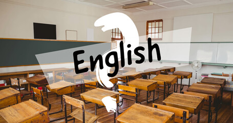 Wall Mural - Image of english text and question mark over empty classroom