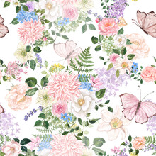 Watercolor Floral Seamless Pattern With Hand Painted Garden Rainbooots And Spring Flowers, Lush Greenery, Leaves, Butterflies On White Background. Botanical Wallpaper.