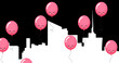 Digital image of multiple pink balloons floating over cityscape in background