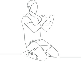 Continuous one line drawing of man soccer player celebrating victory on white background. Modern single line draw design vector graphic illustration.