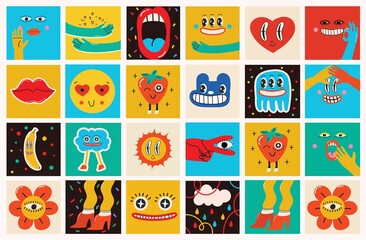 Sticker - Big Set of Different colored Vector illustartions for posters in Cartoon Flat design. Hand drawn Abstract shapes, faces, different texture, greek elements, funny Comic characters.