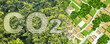 © Francesco Scatena - Planting more trees reduce the amount of CO2 in our cities - concept with CO2 text against woodland and immaginary city map