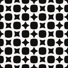 Poster - Four-pointed black stars with rounded shapes alternate on a white background. Vector with simple shapes make a pattern.