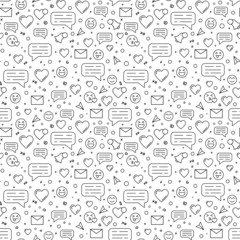 Social networks and dating apps vector linear seamless pattern with message icons, emoticons and hearts.