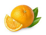 Fototapeta Mapy - Orange with leaf isolated on white background. Juicy ripe orange fruit.