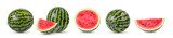 Fresh ripe watermelon isolated on white background. Whole and sliced watermelon.