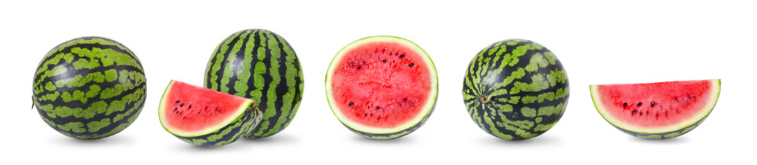 Wall Mural - Fresh ripe watermelon isolated on white background. Whole and sliced watermelon.