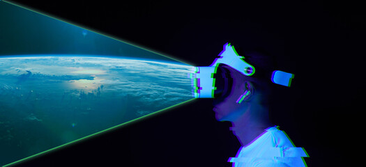 Wall Mural - man uses virtual reality headset to see the far corners of space. elements of this image furnished b